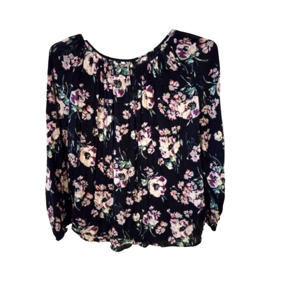 Dark Floral Print Peek a Boo Front Long Sleeved Peasant Tunic Style Top XL - Picture 1 of 9